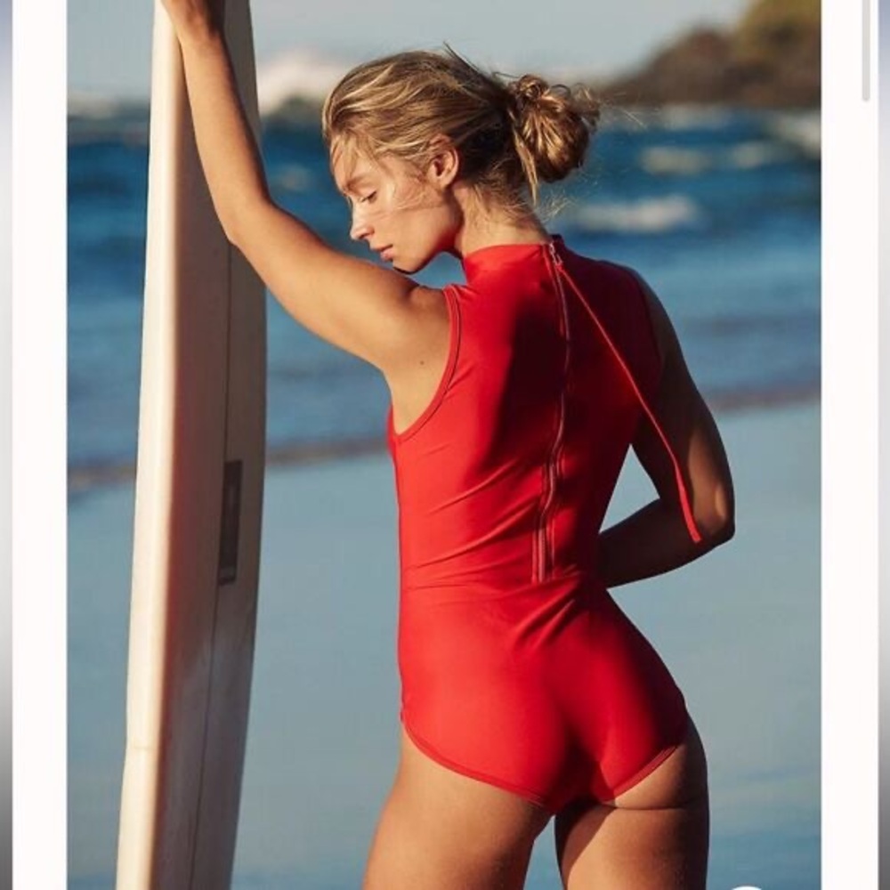 New Free People Salt Gypsy Jade One-Piece Surf Suit Red Mock Beck